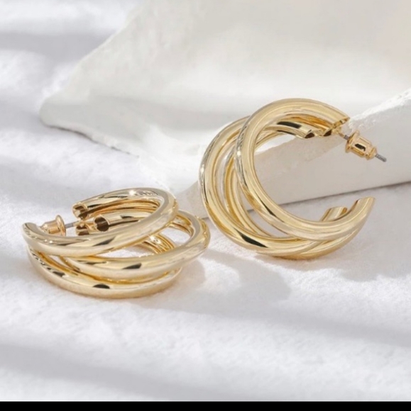 ₩ New 18k Gold Three-Layer Round Drop Earrings - Picture 4 of 7